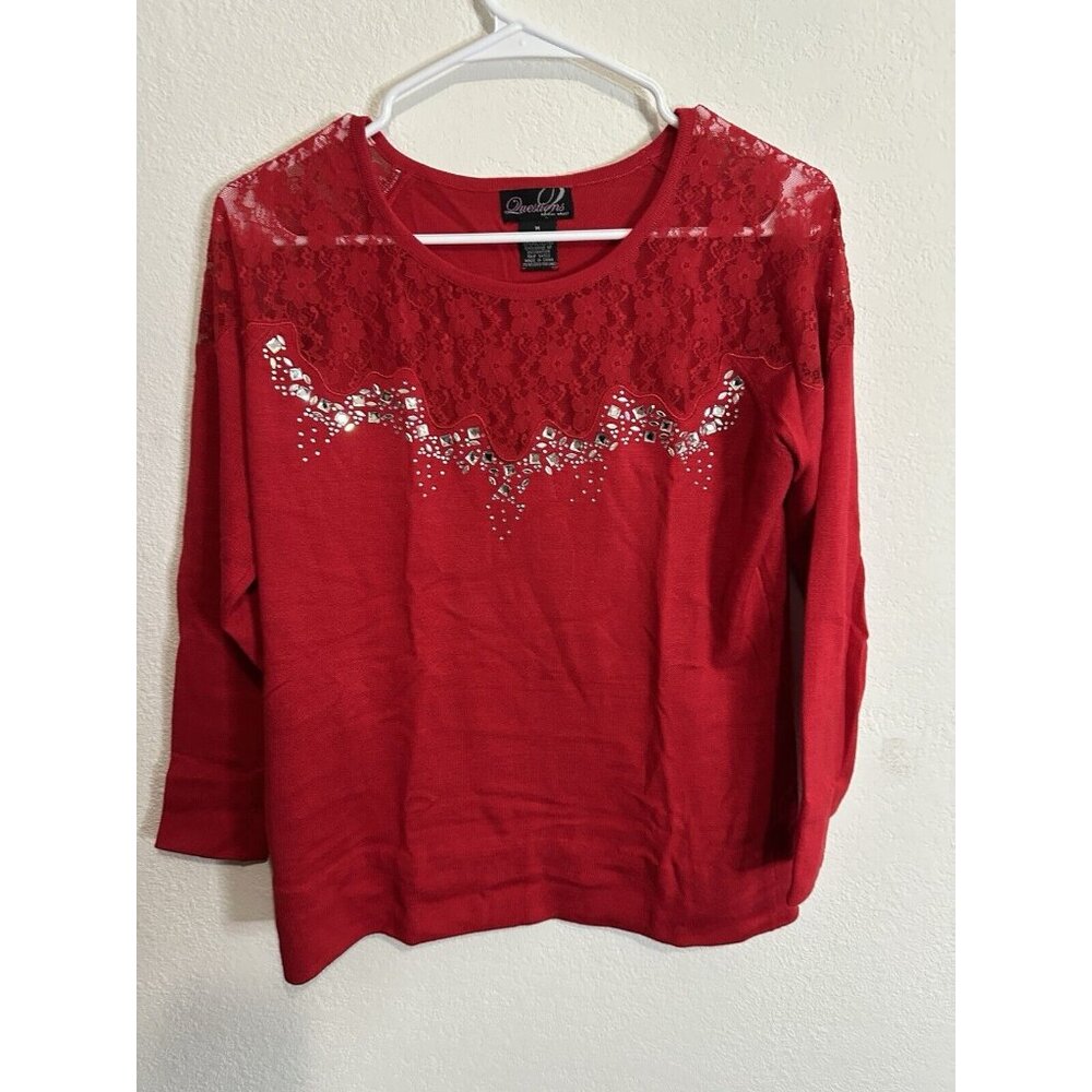 Questions By Say What? Red Lace Collar Bedazzled Red Women’s Blouse Shirt Size M